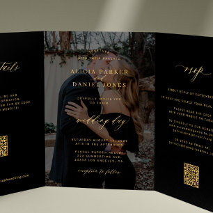 Gold black photo wedding RSVP details QR code Tri-Fold Invitation