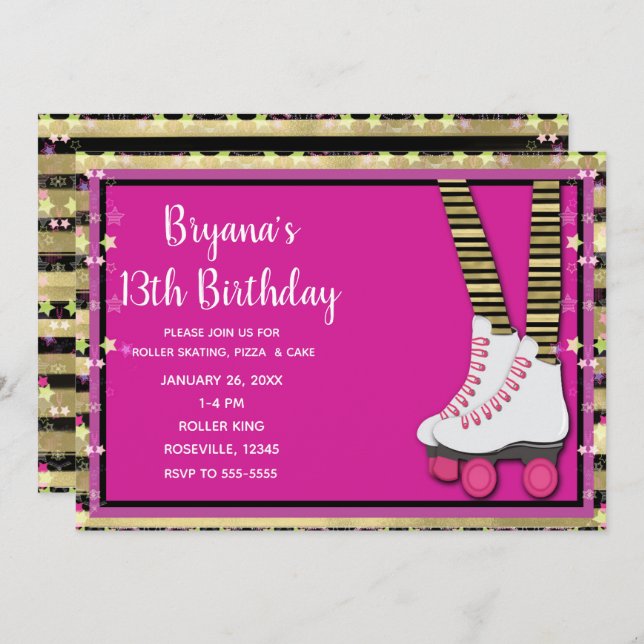 Gold Black & Pink Roller Skating Birthday Party Invitation (Front/Back)