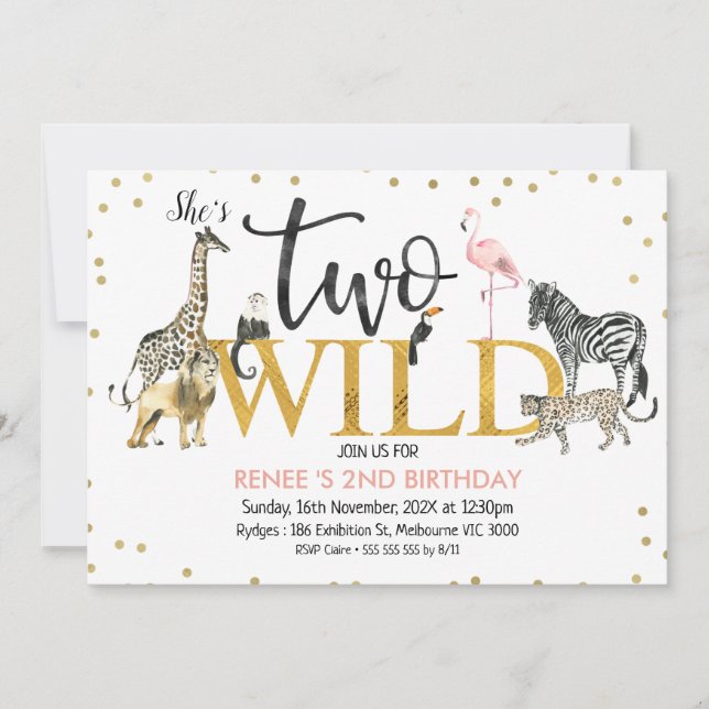 Gold Black Pink Two Wild Safari Animals Birthday Invitation (Front)