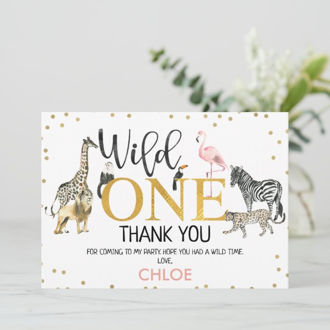 Gold Black Pink Wild One Safari Thank You Card (Standing Front)