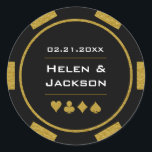 Gold Black Poker Chip Las Vegas Casino Wedding Classic Round Sticker<br><div class="desc">Getting married in Las Vegas or another fun casino city? Or having a casino themed wedding? These gold and black stickers would make a perfect addition to your guest's favours or to seal their invitations. Personalise your design with your names in the centre, and a wedding date, thank you, etc....</div>