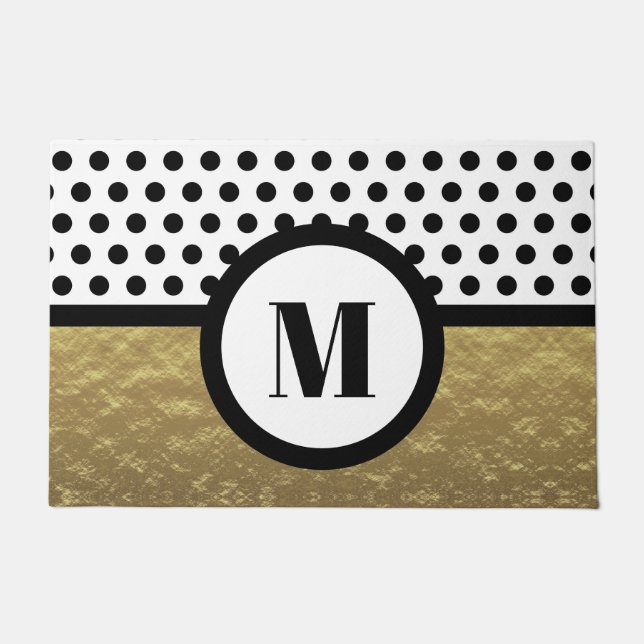 Gold Black Polka Dot Family Initial Doormat (Front)