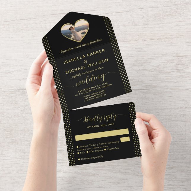 Gold & Black Polka Dot Personalised wedding All In One Invitation (Tearaway)