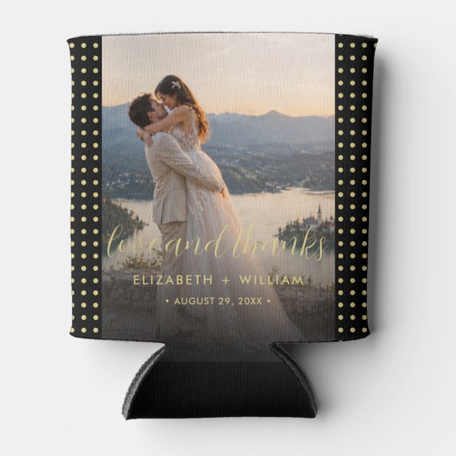Gold & Black Polka Dot Personalised wedding Can Cooler (Front)