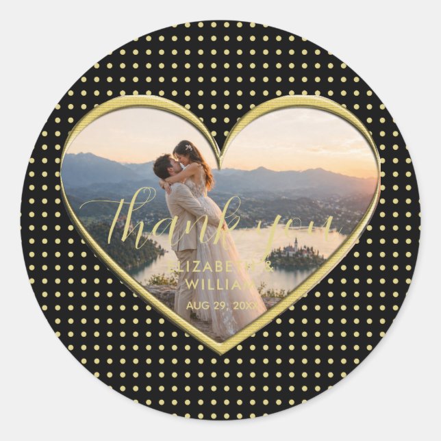 Gold & Black Polka Dot Personalised wedding Classic Round Sticker (Front)