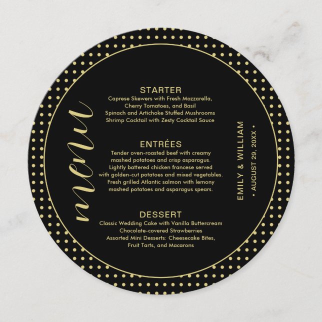 Gold & Black Polka Dot Personalised wedding Menu (Front)