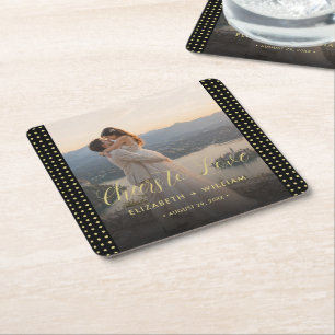 Gold & Black Polka Dot Personalised wedding Square Paper Coaster