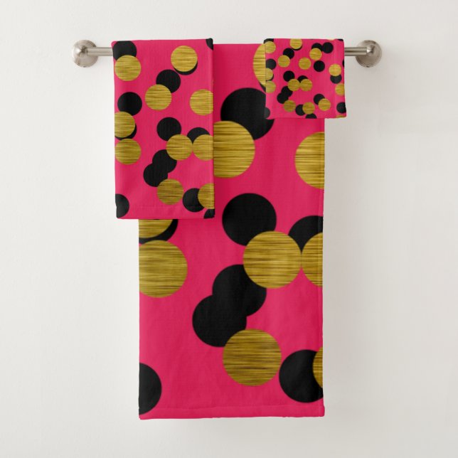 Gold & Black Polka Dots on Hot Pink Bath Towel Set (Insitu)