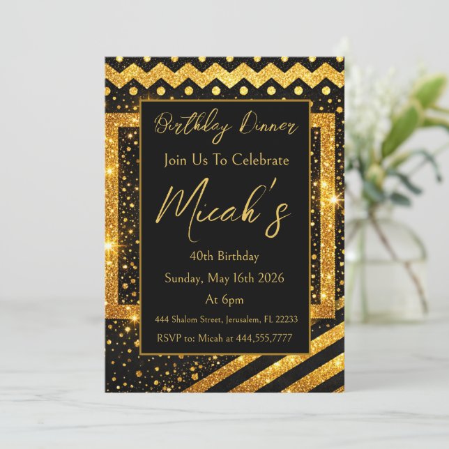 Gold Black Print Zigzag, Diagonal Lines, Dots Luxe Invitation (Standing Front)