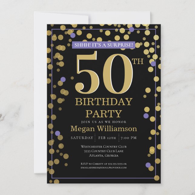 Gold Black Purple Surprise 50th Birthday Invitation (Front)