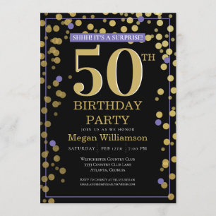Gold Black Purple Surprise 50th Birthday Invitation