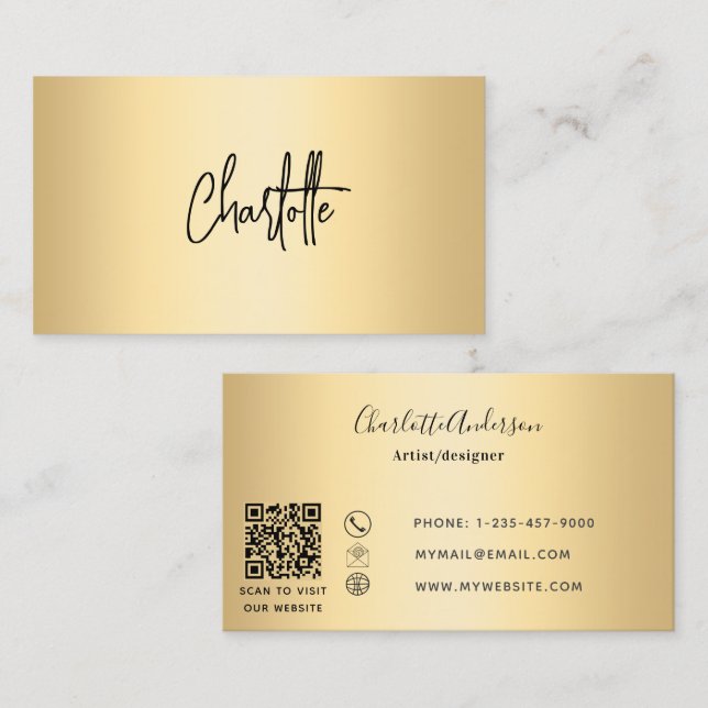 Gold black QR code signature script Business Card (Front/Back)