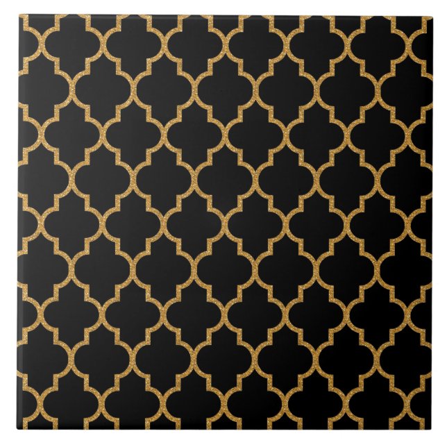 Gold Black Quatrefoil Pattern Ceramic Tile (Front)