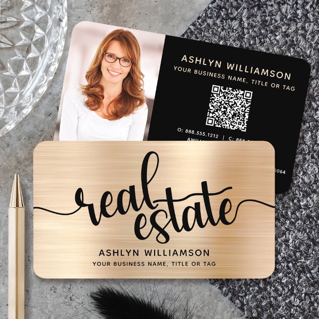 Gold Black Real Estate Agent QR Code Photo Broker Business Card (Creator Uploaded)