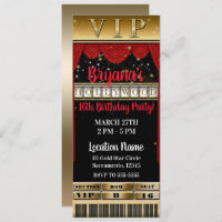 Gold Black Red HOLLYWOOD Birthday Party VIP Ticket