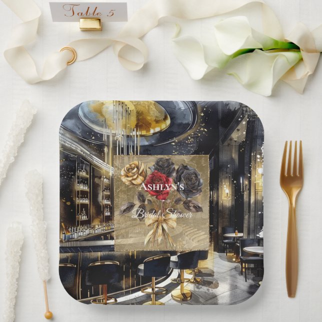 Gold Black Red Night Club Floral Bridal Shower  Paper Plate (Wedding)