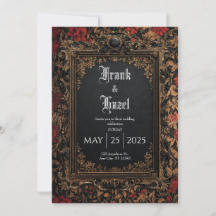 Gold Black Red Rose Baroque Frame Wedding Invitation
