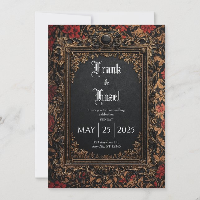 Gold Black Red Rose Baroque Frame Wedding Invitation (Front)