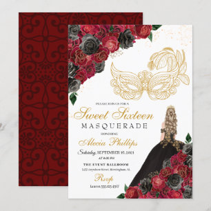 Gold Black Red Roses Masquerade Sweet 16 Invitation
