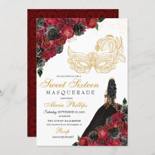 Gold Black Red Roses Masquerade Sweet 16 Invitation