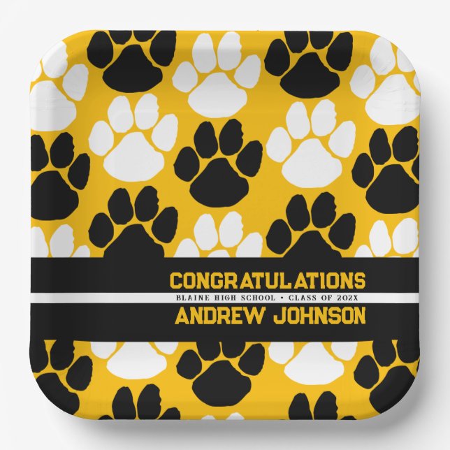 Gold & Black Repeating Pawprint Personalised Paper Plate (Front)