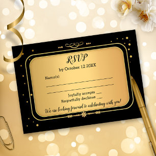 Gold Black Retro Chic Confetti RSVP Card