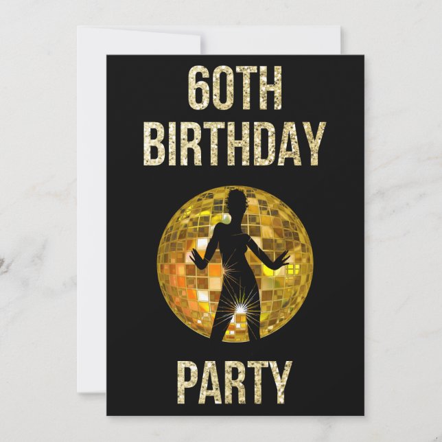 Gold & Black Retro Disco Glitter Ball 60th Party Invitation (Front)