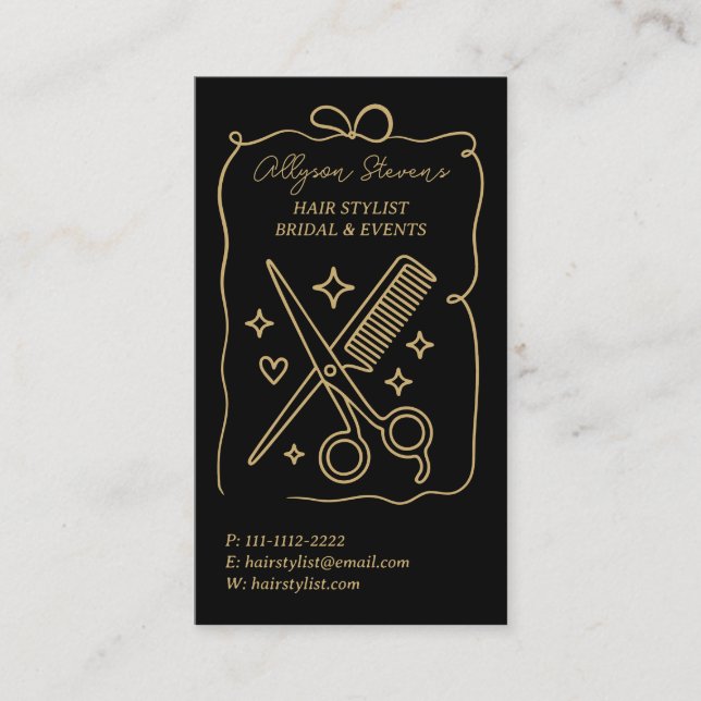 Gold Black Retro Doodles Hair Stylist QR Code Business Card (Front)