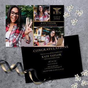Gold Black RN Nursing 3 Photo Graduation Party Invitation
