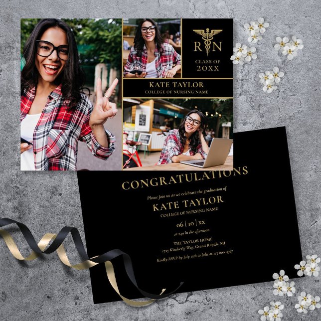 Gold Black RN Nursing 3 Photo Graduation Party Invitation (Gold Black RN Nursing 3 Photo Graduation Party Invitation)