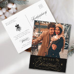 Gold & Black Romantic Merry Christmas Photo Postcard<br><div class="desc">This Christmas photo postcard featuring elegant and romantic swirly calligraphy lettering with pinecone twigs,  stars and custom text message on the back. For more advanced customisation of this design,  please click the BLUE DESIGN TOOL BUTTON above!</div>