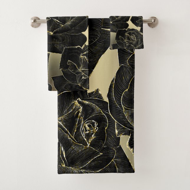 Gold & Black Rose Glam Elegant Classy Chic Bath Towel Set (Insitu)