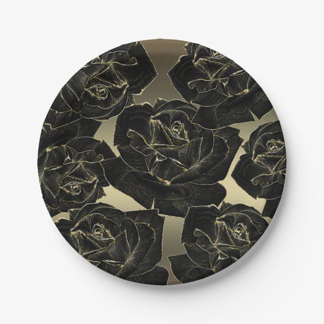 Gold & Black Rose Glam Elegant Classy Chic Party Paper Plate (Front)