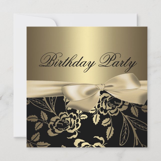 Gold & Black Rose Leaf Bow Birthday Invitation (Front)