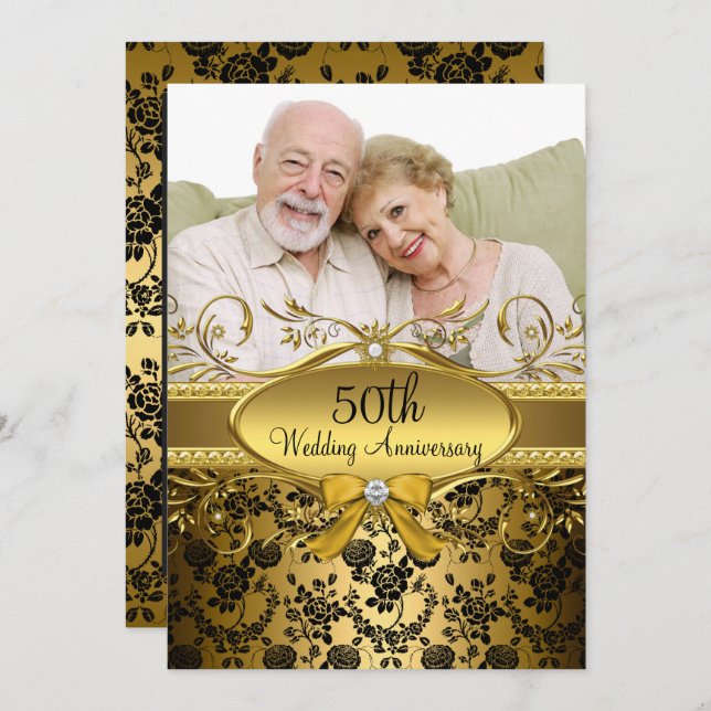 Gold Black Rose Photo 50th Anniversary Invite (Front/Back)