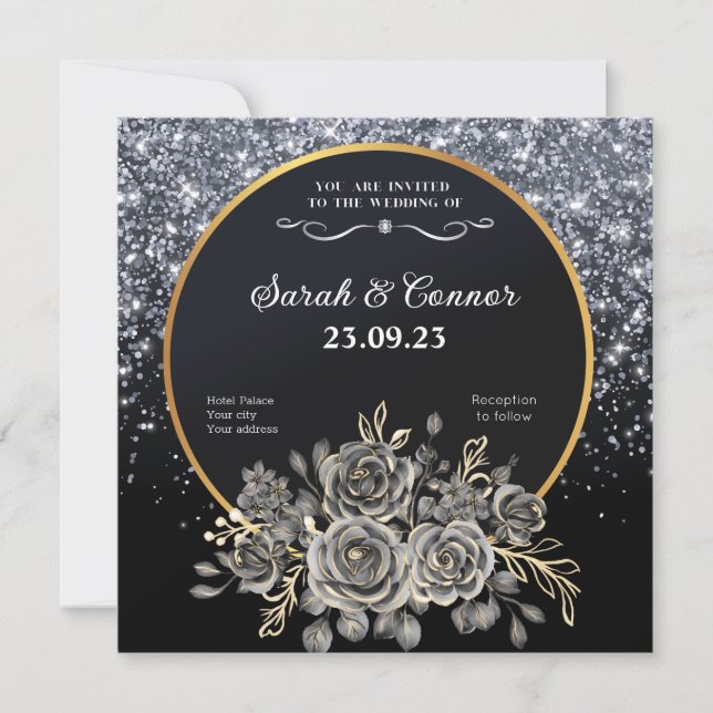 Gold Black Rose Silver Glitter Wedding Invitation (Front)