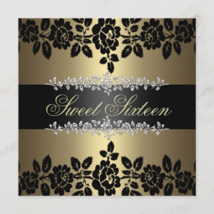 Gold & Black Rose Sweet 16 Birthday Invitation