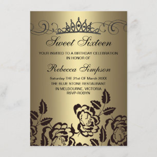 Gold & Black Rose & Tiara Birthday Invitation