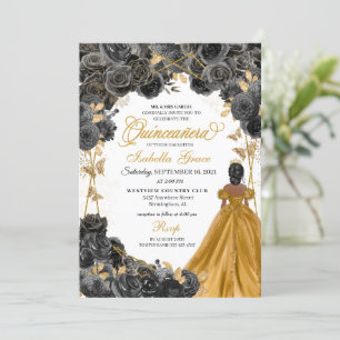 Gold Black Roses Butterfly Glitter Quinceañera Invitation