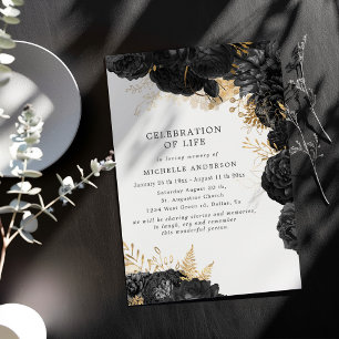 Gold Black Roses Celebration of Life Invitation