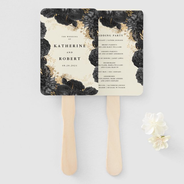Gold Black Roses Wedding Program Hand Fan (Front and Back)