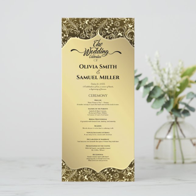 Gold Black Royal Damask Wedding Program (Standing Front)