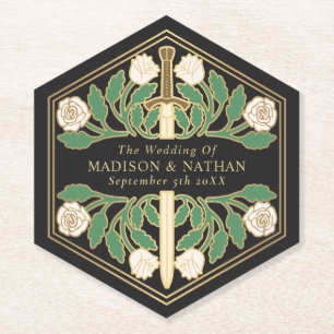 Gold Black Royal Mediaeval Floral Sword Wedding Paper Coaster