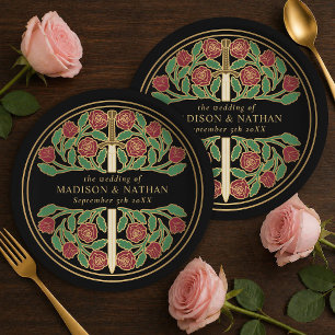 Gold Black Royal Mediaeval Floral Sword Wedding  Paper Plate