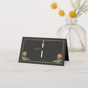 Gold Black Royal Mediaeval Floral Sword Wedding  Place Card