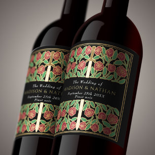 Gold Black Royal Mediaeval Floral Sword Wedding Wine Label