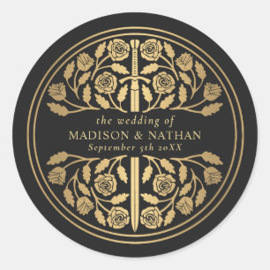 Gold Black Royal Mediaeval Sword Wedding  Classic Round Sticker
