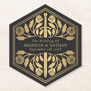 Gold Black Royal Mediaeval Sword Wedding Paper Coaster