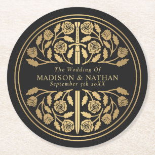 Gold Black Royal Mediaeval Sword Wedding Round Paper Coaster