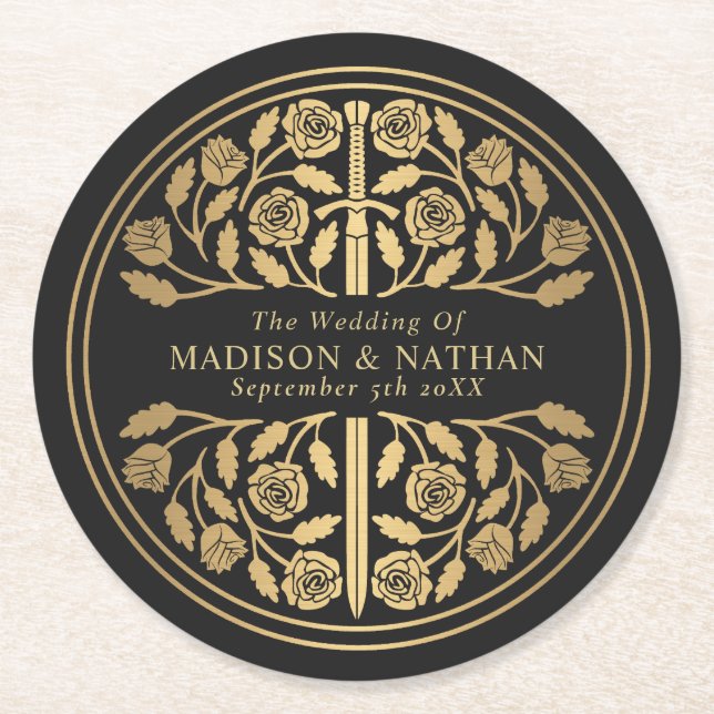 Gold Black Royal Mediaeval Sword Wedding Round Paper Coaster (Front)